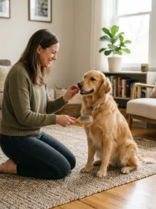 Using treats to create positive associations with grooming tools