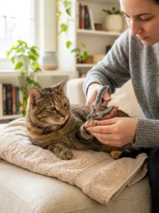 Cat having its nails gently trimmed as part of scratching management