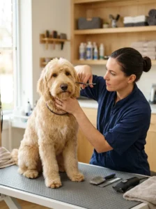 Carefully trimming sensitive areas around a dog's face and ears