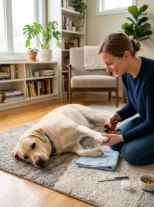 Owner safely trimming a dog's nails at home