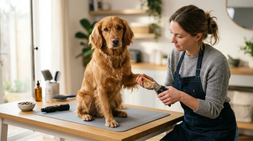 Dog calmly having its nails trimmed with professional dog nail clippers at home
