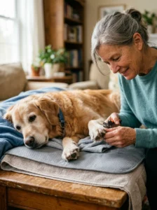 Senior dog receiving a gentle nail trim in a comfortable home setup