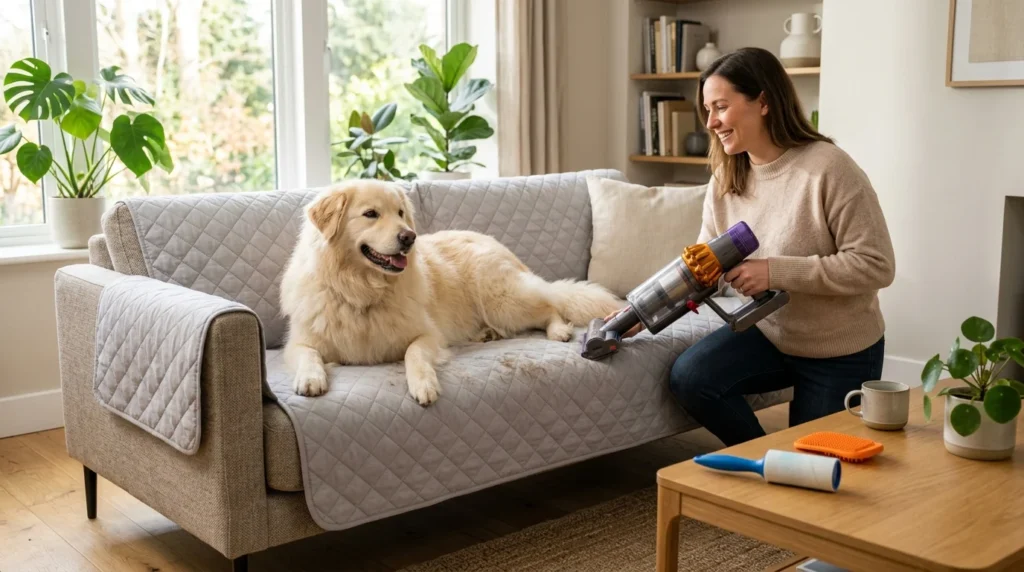 Owner removing dog hair from furniture with a pet hair vacuum