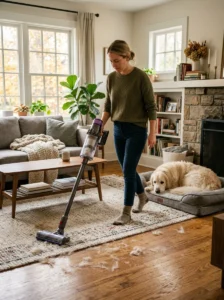 Owner increasing home cleaning during seasonal dog shedding