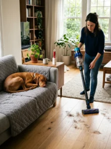 Owner cleaning loose dog fur from furniture and flooring at home