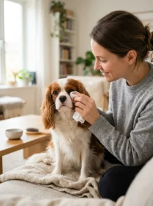 Owner gently cleaning a dog's eye area with a soft cloth