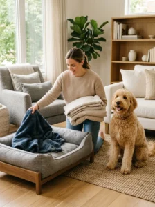 Owner replacing dog bedding to help reduce household odor