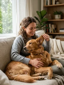 Owner casually checking a dog's ears, coat, and paws during petting