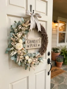 Personalized dog paw wreath with a wooden dog name sign