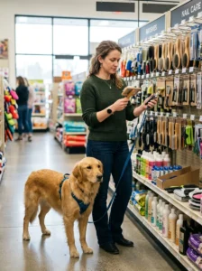 Pet owner selecting quality grooming tools from a reputable pet supply source