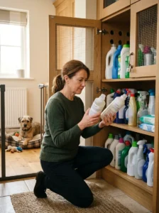 Household cleaning chemicals being handled cautiously in a dog-friendly home