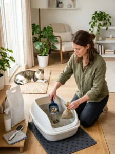Cleaning and scooping a cat litter box regularly