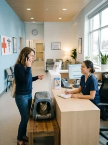Pet owner preparing emergency veterinary care for a cat