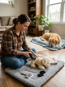 Practicing dog clipper handling on a stuffed animal before grooming