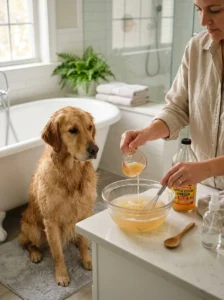 Diluted apple cider vinegar rinse being prepared for a dog