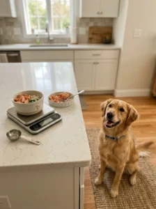 Measured portion of cooked salmon for homemade dog food