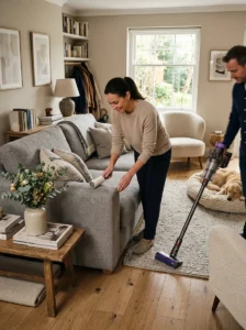 Owner quickly removing dog hair before guests arrive