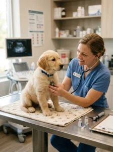 Veterinarian performing a routine health check on a puppy