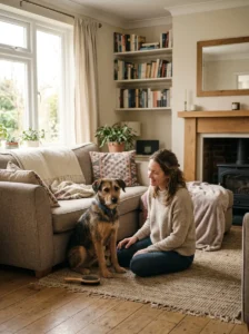Rescue dog receiving patient handling during grooming confidence building