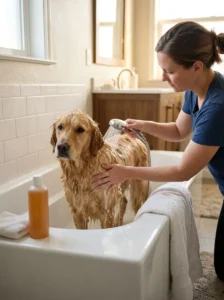 Owner thoroughly rinsing dog shampoo from a dog's coat