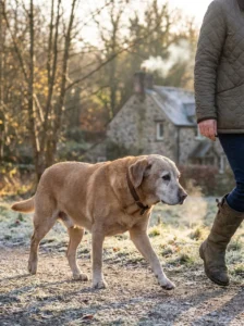 Senior dog taking a gentle walk during cooler weather