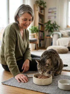 Senior cat eating an age-appropriate diet with veterinary nutrition considerations