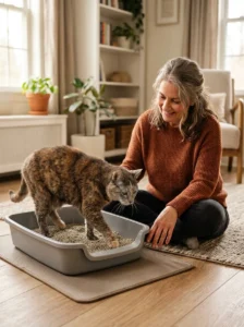 Senior cat using a low-sided litter box for easier access