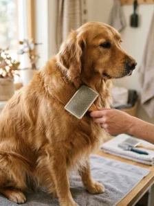 Slicker brush being used to detangle a dog's medium-length coat