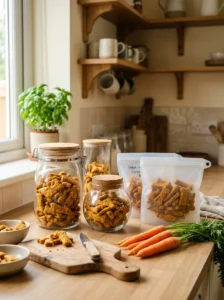 Homemade carrot dog treats stored in airtight containers