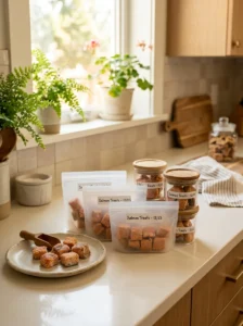Frozen portions of homemade salmon dog treats for dogs