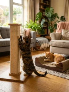Multiple cats using separate scratching surfaces around the home