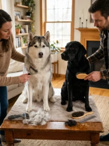 Two dogs with different coat types using separate grooming tools