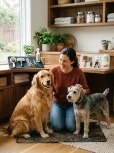 Two dogs receiving individualized seasonal grooming based on their coat types