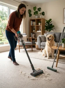 Owner vacuuming dog hair from carpet with a pet hair vacuum