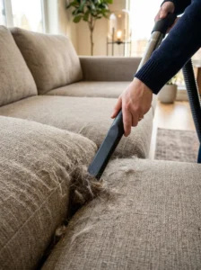 Dog hair trapped in sofa crevices and upholstery seams