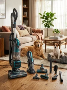Pet hair vacuums and attachments for a multi-dog household