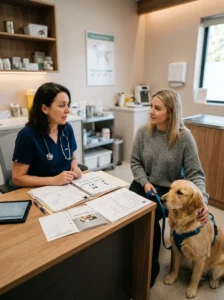 Veterinarian discussing professional treatment options for dog anxiety.