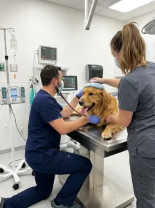 Veterinarian assessing a dog with suspected severe heatstroke