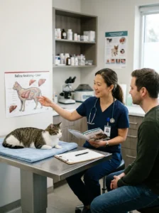 Veterinarian explaining hepatic lipidosis and liver risks in cats