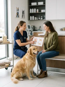 Veterinarian discussing a medically recommended bathing routine for a dog