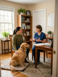 Veterinarian discussing anxiety management options for a dog with severe grooming fear