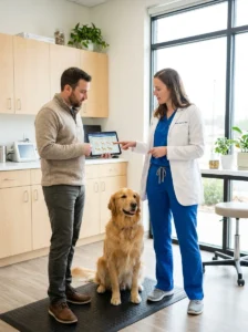 Veterinarian discussing treatment options for a dog's skin problem