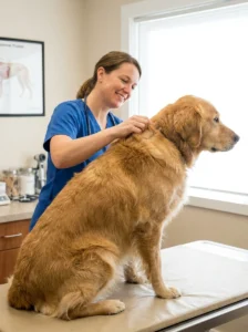 Veterinarian examining a dog with dry skin and a dull coat