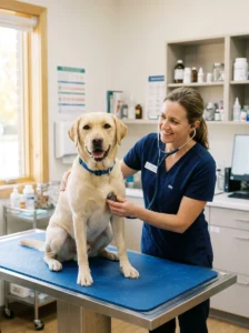 Adult dog receiving a routine veterinary wellness examination