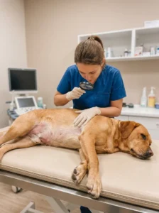 Veterinarian checking a dog for a skin rash