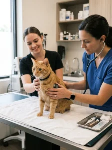 Adult cat receiving a routine vaccination and wellness examination