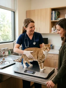 Indoor cat receiving a routine veterinary wellness examination