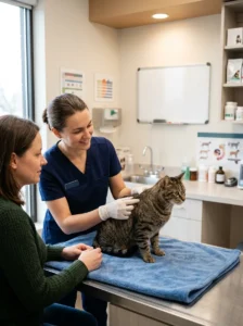 Veterinarian monitoring a cat's vaccination injection site