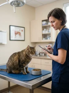 Overweight cat being assessed for increased risk from appetite loss
