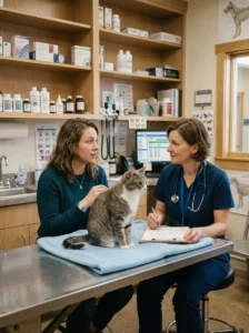 Veterinarian discussing a cat's long-term picky eating with its owner